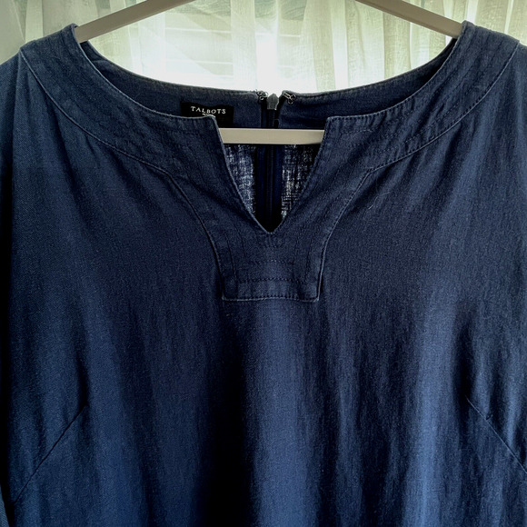 Talbots Womens Dress Size 16P  Linen Blue Knee Length Pockets V Neck Lagenlook - Picture 2 of 16